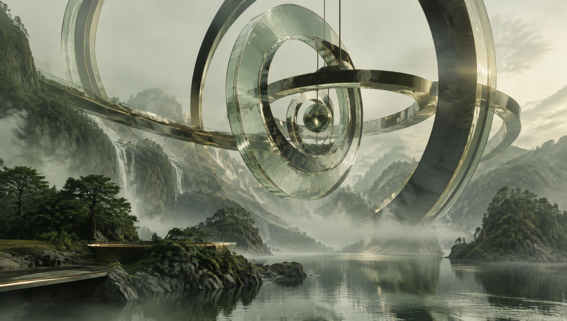 A monumental system of glass and metal rings suspended over a misty landscape
